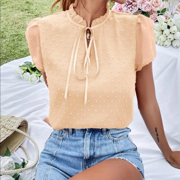 Boho Swiss dot tie neck puff sleeve blouse redwood - Picture 11 of 15